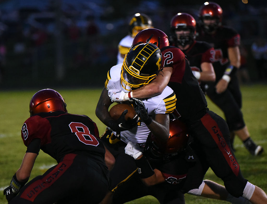 Southern Boone defensive back Tanner Goodrich tackles Fulton running back Zaylin McNeil